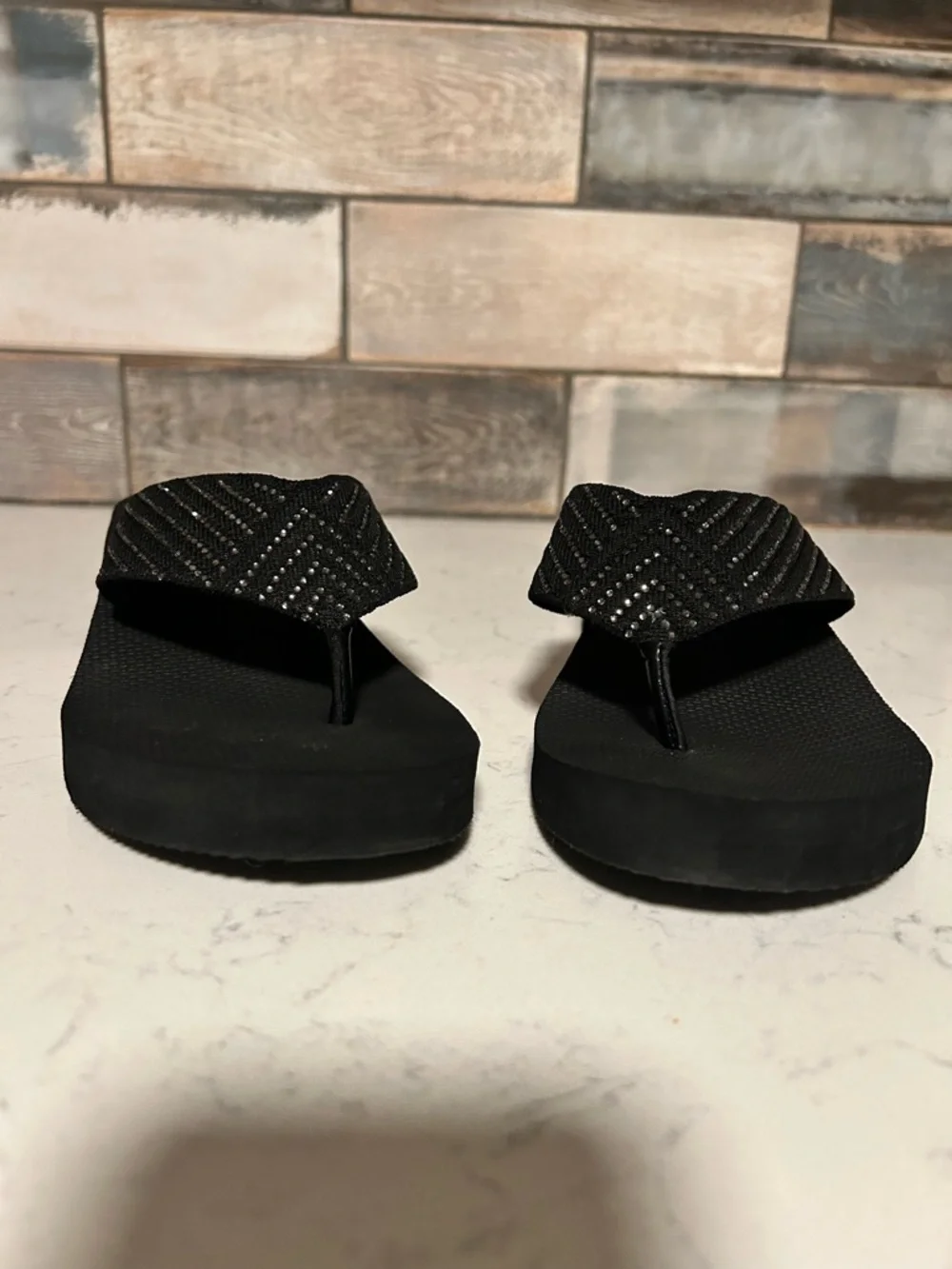 Kelly & Katie Black Wedge Flip Flop Thong Platform Sandal with Rhinestone Accent - Picture 8 of 16